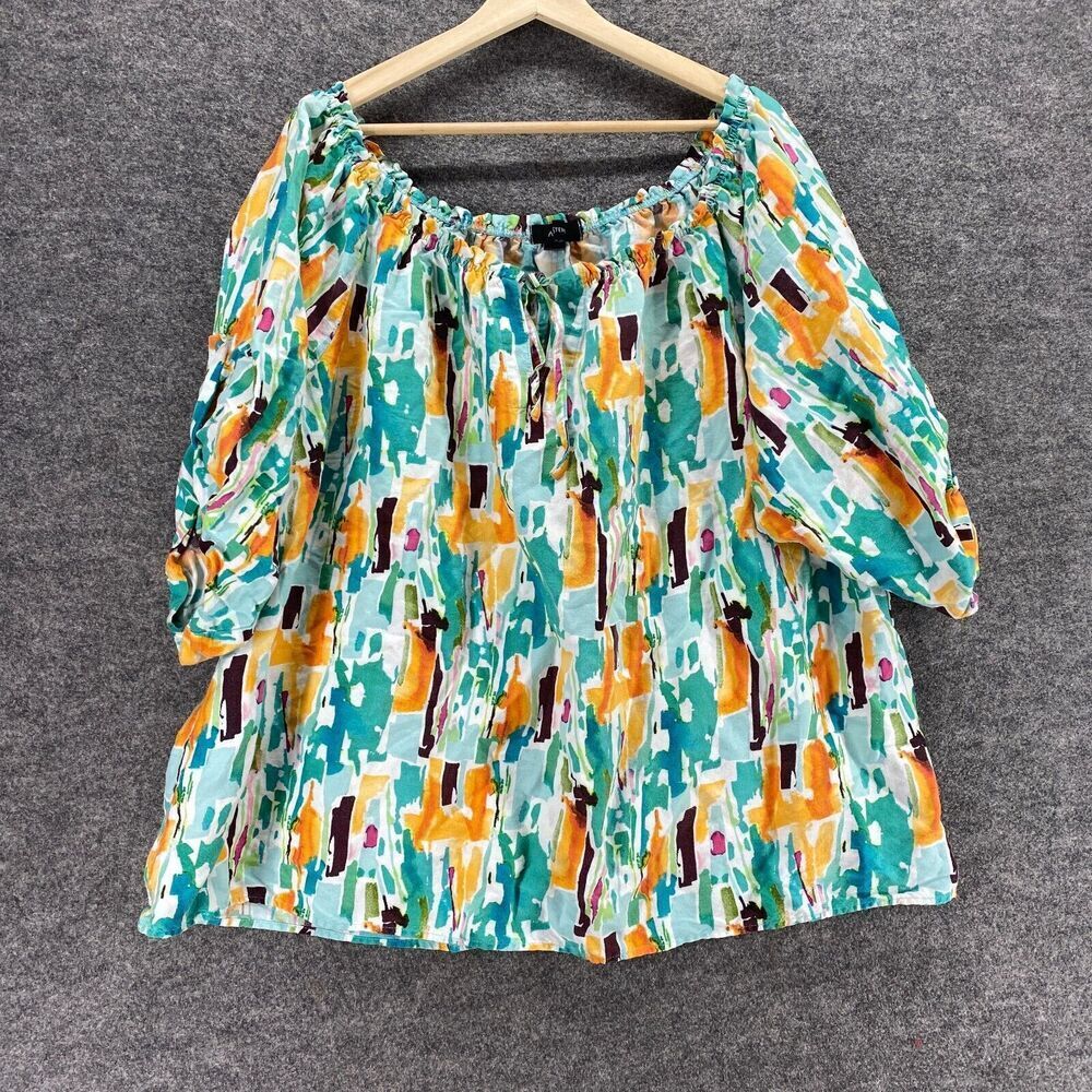 Ashley Stewart Blouse Women 24 Plus Blue Geometric Tasseled Linen 3/4 Sleeve